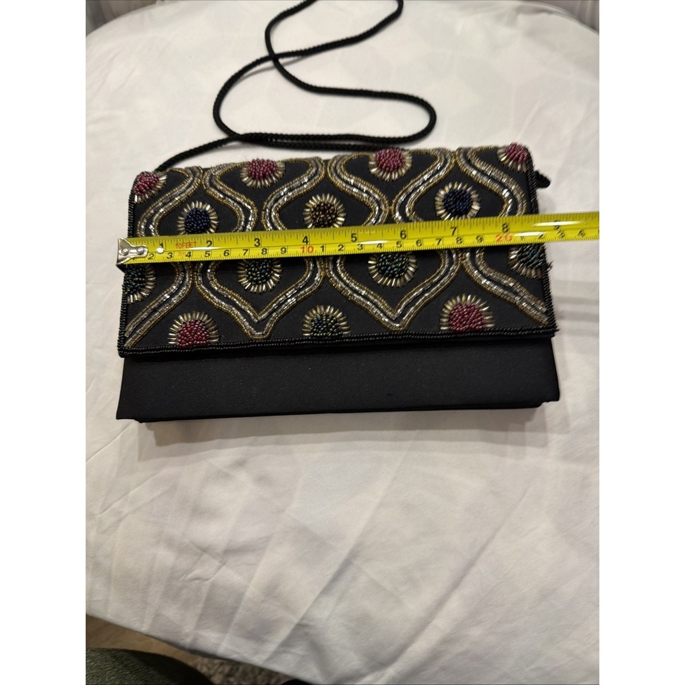 Vintage Carla Marchi Beaded Evening Clutch Black Satin Shoulder Bag - Picture 3 of 10